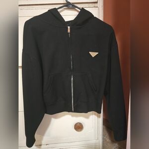 Black Zip-Up Hoodie with Logo Patch